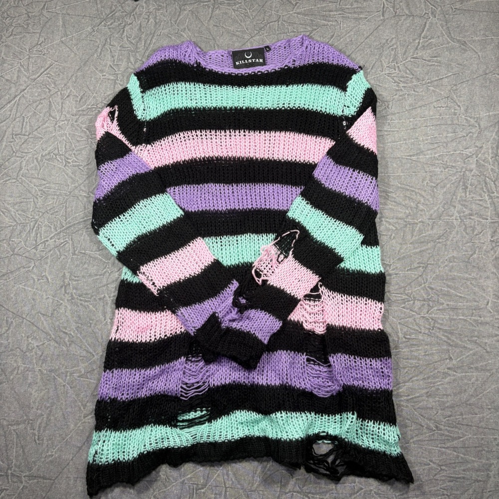 Killstar Sweater Womens L Multi Color Striped Distressed Grunge Knit Goth Emo